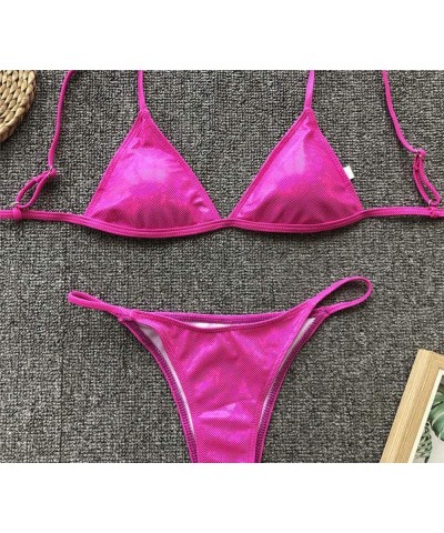 Women Shiny Bikini Micro Sexy String Two Pieces Swimsuit Female Thong Swimwear Pink $12.18 Swimsuits