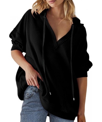 Women Oversized Hoodies Casual Long Sleeve V Neck Drawstring Hooded Sweatshirts Casual Waffle Knit Tops Trendy 2024 Black $17...