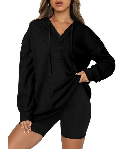 Women Oversized Hoodies Casual Long Sleeve V Neck Drawstring Hooded Sweatshirts Casual Waffle Knit Tops Trendy 2024 Black $17...