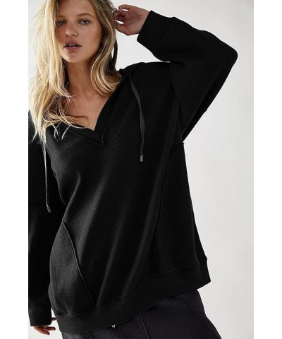 Women Oversized Hoodies Casual Long Sleeve V Neck Drawstring Hooded Sweatshirts Casual Waffle Knit Tops Trendy 2024 Black $17...