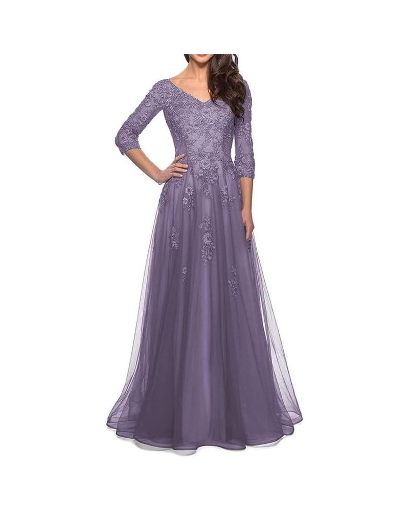 Mother of The Bride Dresses Lace Tulle - Long Wedding Guest Dresses for Women V Neck Dusty Purple $41.36 Dresses