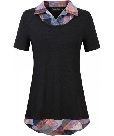 Women's Long Sleeve Contrast Collared Shirts Patchwork Work Blouse Tunics Tops 1-black Plaid-2 $17.43 Blouses