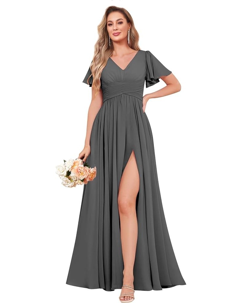 Women's Ruffle Sleeve Bridesmaid Dresses Long Slit Ruched Chiffon Evening Formal Dresses with Pockets Grey $32.44 Dresses