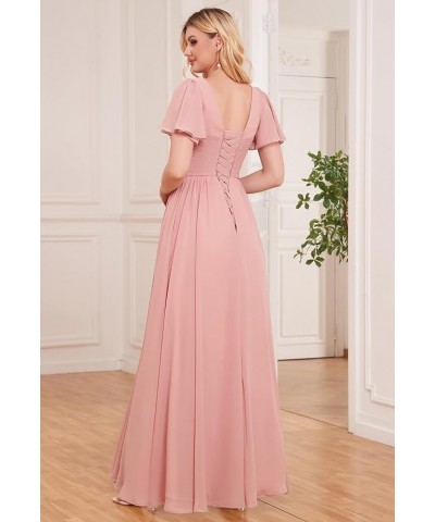 Women's Ruffle Sleeve Bridesmaid Dresses Long Slit Ruched Chiffon Evening Formal Dresses with Pockets Grey $32.44 Dresses