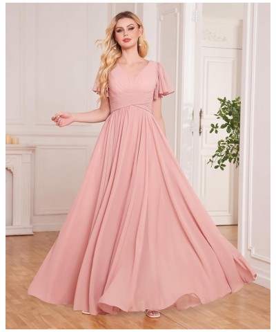 Women's Ruffle Sleeve Bridesmaid Dresses Long Slit Ruched Chiffon Evening Formal Dresses with Pockets Grey $32.44 Dresses