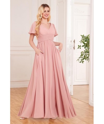 Women's Ruffle Sleeve Bridesmaid Dresses Long Slit Ruched Chiffon Evening Formal Dresses with Pockets Grey $32.44 Dresses