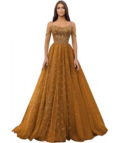 Off Shoulder Sequin Prom Dresses Long Glitter Tulle Wedding Party Dress Formal Ball Gown for Women Burnt Orange $35.87 Dresses