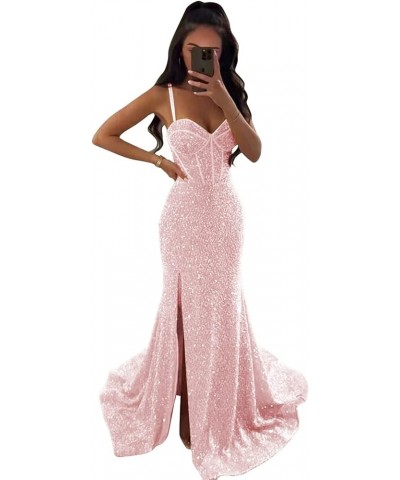 Women's Mermaid Sequin Prom Dresses Ball Gown Long Homecoming Dress V Neck High Slit Evening Formal Dress Blush Pink $35.70 D...