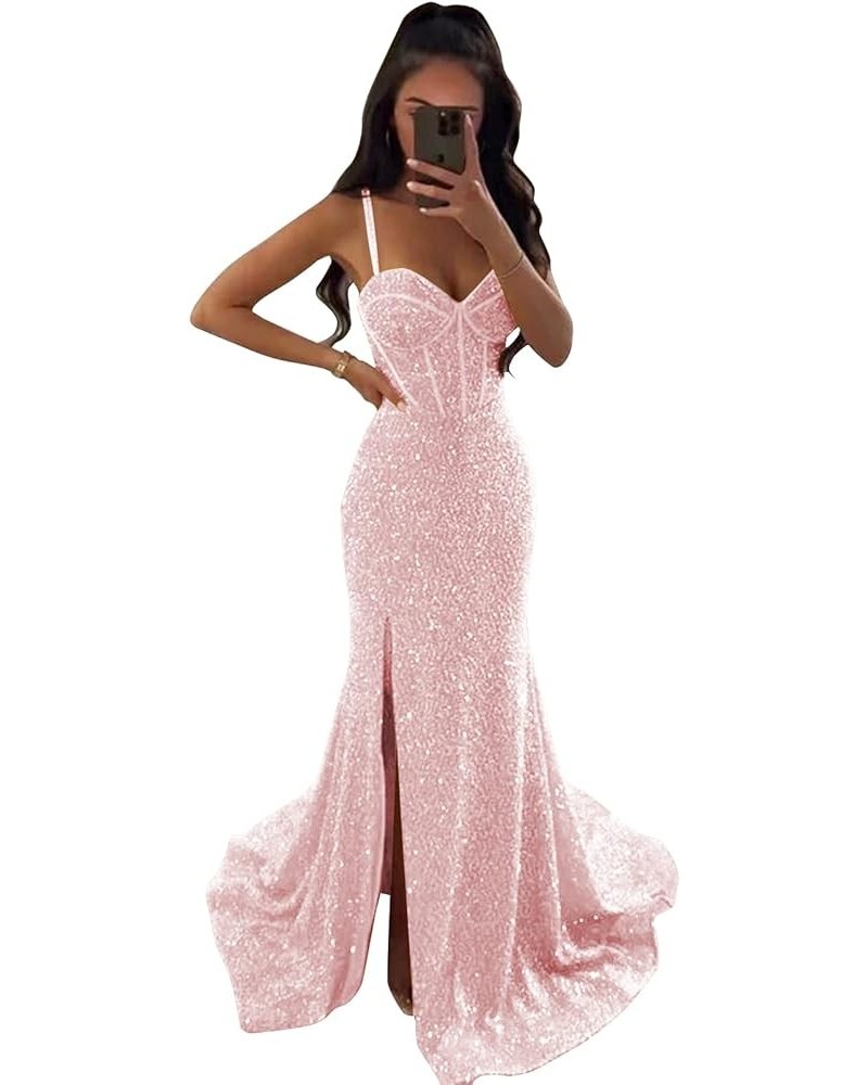 Women's Mermaid Sequin Prom Dresses Ball Gown Long Homecoming Dress V Neck High Slit Evening Formal Dress Blush Pink $35.70 D...