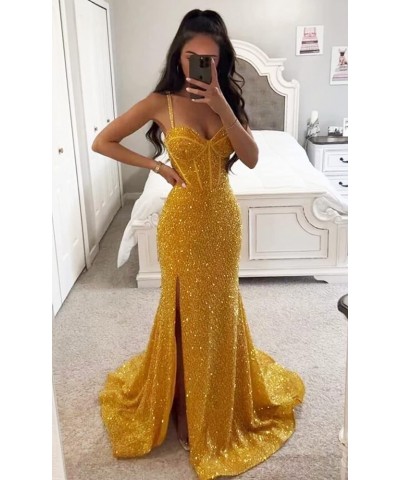 Women's Mermaid Sequin Prom Dresses Ball Gown Long Homecoming Dress V Neck High Slit Evening Formal Dress Blush Pink $35.70 D...