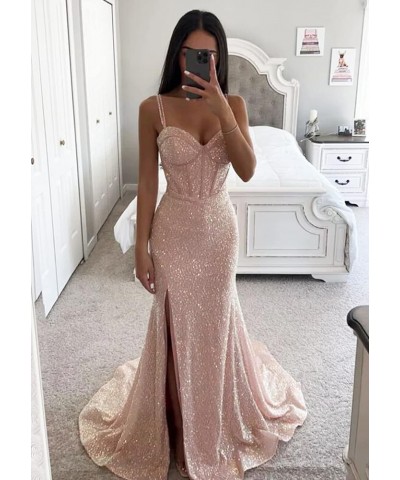 Women's Mermaid Sequin Prom Dresses Ball Gown Long Homecoming Dress V Neck High Slit Evening Formal Dress Blush Pink $35.70 D...