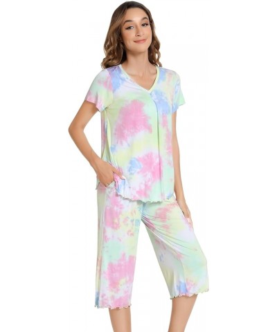 Pajamas for Women Short Sleeve Sleepwear Soft Capri Pants Pajama Sets Cool Pjs S-4XL Pg Tie-dye $21.19 Sleep & Lounge