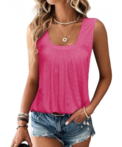 Women Square Neck Summer Sleeveless Tank Tops, Cute Babydoll Tops Fashion Eyelet Tunic Curved Hem Shirts Blouses Rose Red $14...