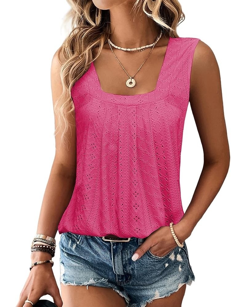 Women Square Neck Summer Sleeveless Tank Tops, Cute Babydoll Tops Fashion Eyelet Tunic Curved Hem Shirts Blouses Rose Red $14...