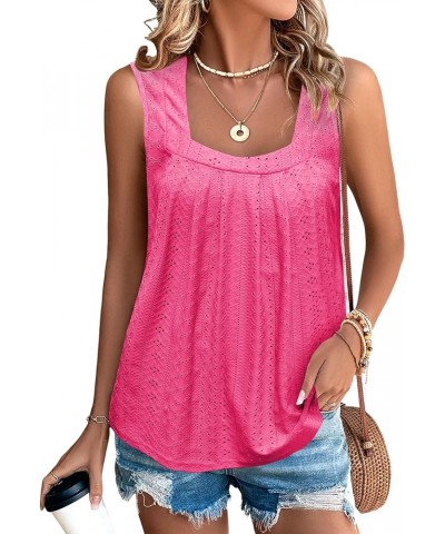 Women Square Neck Summer Sleeveless Tank Tops, Cute Babydoll Tops Fashion Eyelet Tunic Curved Hem Shirts Blouses Rose Red $14...