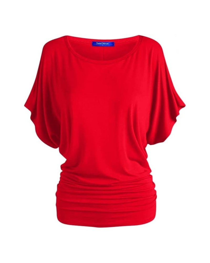 Women's Solid Butterfly Short Sleeve Boat Neck V Neck Dolman Top Short Sleeve Boat Neck Red_2203 $13.31 T-Shirts