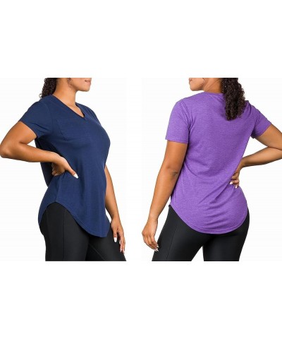 Plus Size Womens V Neck Collar T Shirt | Summer Top with Chest Pocket Navy/Purple $8.99 Tops