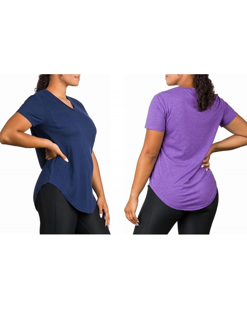 Plus Size Womens V Neck Collar T Shirt | Summer Top with Chest Pocket Navy/Purple $8.99 Tops