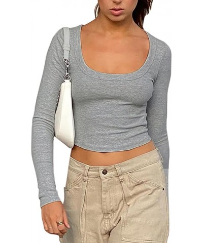 Women Square Neck Crop Top Tee Shirt Ribbed Knit Short Sleeve Workout Yogo Cropped T-Shirt Long Sleeve-grey $9.71 T-Shirts