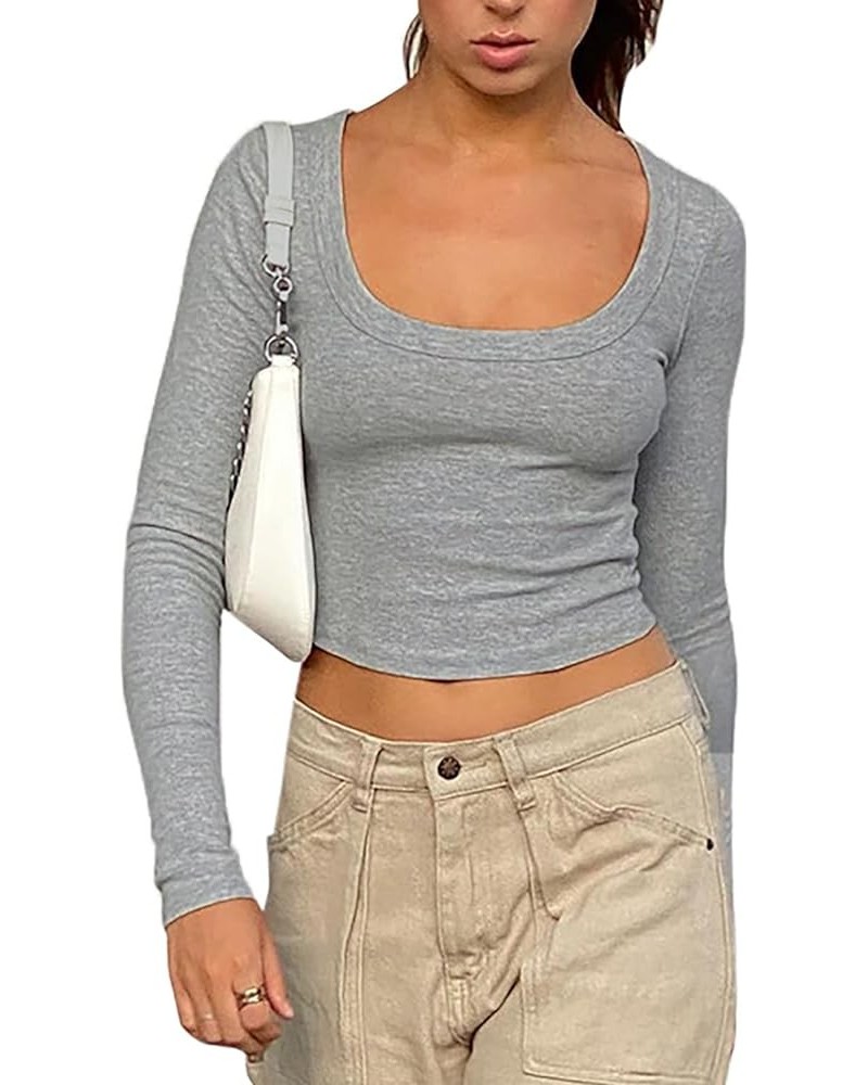 Women Square Neck Crop Top Tee Shirt Ribbed Knit Short Sleeve Workout Yogo Cropped T-Shirt Long Sleeve-grey $9.71 T-Shirts