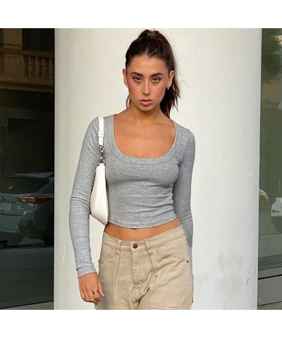 Women Square Neck Crop Top Tee Shirt Ribbed Knit Short Sleeve Workout Yogo Cropped T-Shirt Long Sleeve-grey $9.71 T-Shirts