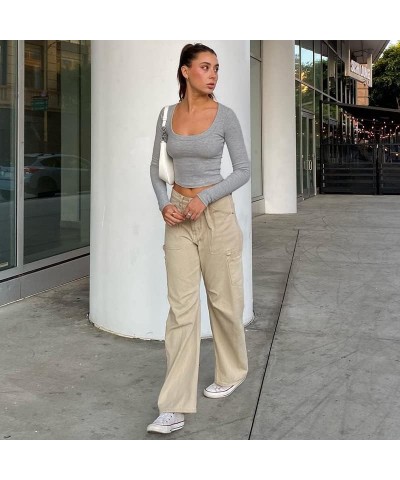 Women Square Neck Crop Top Tee Shirt Ribbed Knit Short Sleeve Workout Yogo Cropped T-Shirt Long Sleeve-grey $9.71 T-Shirts