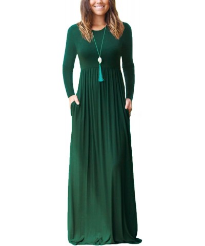 Women Dress Dark Green Large Round Neck Long Sleeves Maxi Wedding Guest Loose Plain Casual Empire Waist Flowy Party Teacher V...