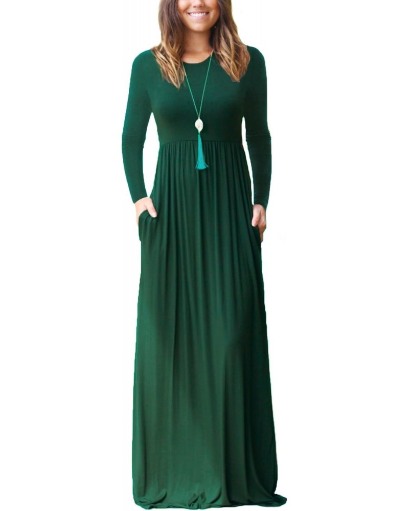 Women Dress Dark Green Large Round Neck Long Sleeves Maxi Wedding Guest Loose Plain Casual Empire Waist Flowy Party Teacher V...