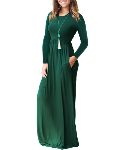 Women Dress Dark Green Large Round Neck Long Sleeves Maxi Wedding Guest Loose Plain Casual Empire Waist Flowy Party Teacher V...