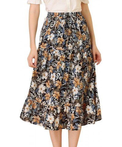 Women's Tiered A-line Flare Swing Elastic Waist Ruffle Floral Skirt Black Yellow $10.79 Skirts