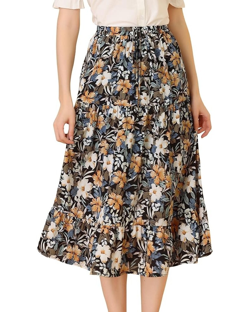 Women's Tiered A-line Flare Swing Elastic Waist Ruffle Floral Skirt Black Yellow $10.79 Skirts