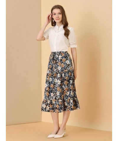 Women's Tiered A-line Flare Swing Elastic Waist Ruffle Floral Skirt Black Yellow $10.79 Skirts