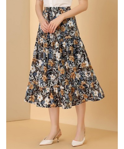 Women's Tiered A-line Flare Swing Elastic Waist Ruffle Floral Skirt Black Yellow $10.79 Skirts