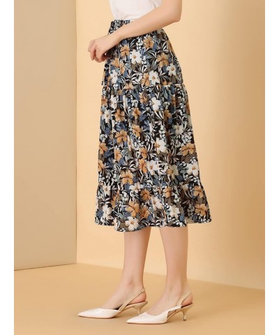 Women's Tiered A-line Flare Swing Elastic Waist Ruffle Floral Skirt Black Yellow $10.79 Skirts