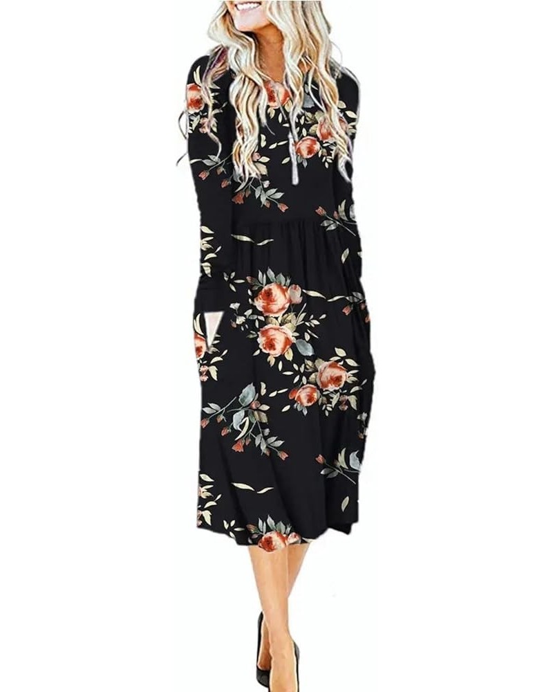 Women's Long Sleeve Midi Dress Loose Casual Empire Waist Dresses with Pockets Rose Black $15.58 Dresses