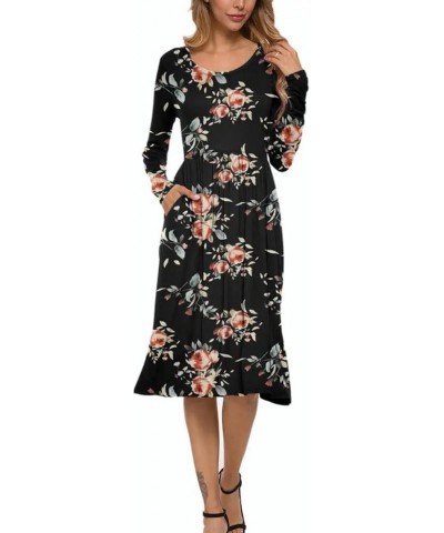 Women's Long Sleeve Midi Dress Loose Casual Empire Waist Dresses with Pockets Rose Black $15.58 Dresses