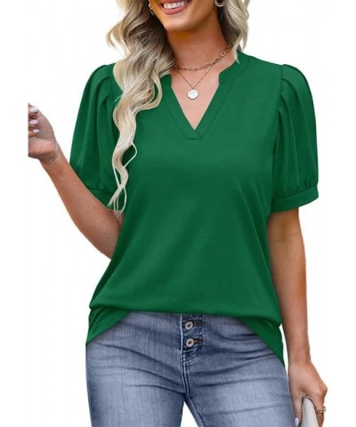 Summer Women's Pleated Puff Sleeve Tops Casual V Neck T Shirts Loose Blouses Dressy XX-Large Green $14.81 Tops