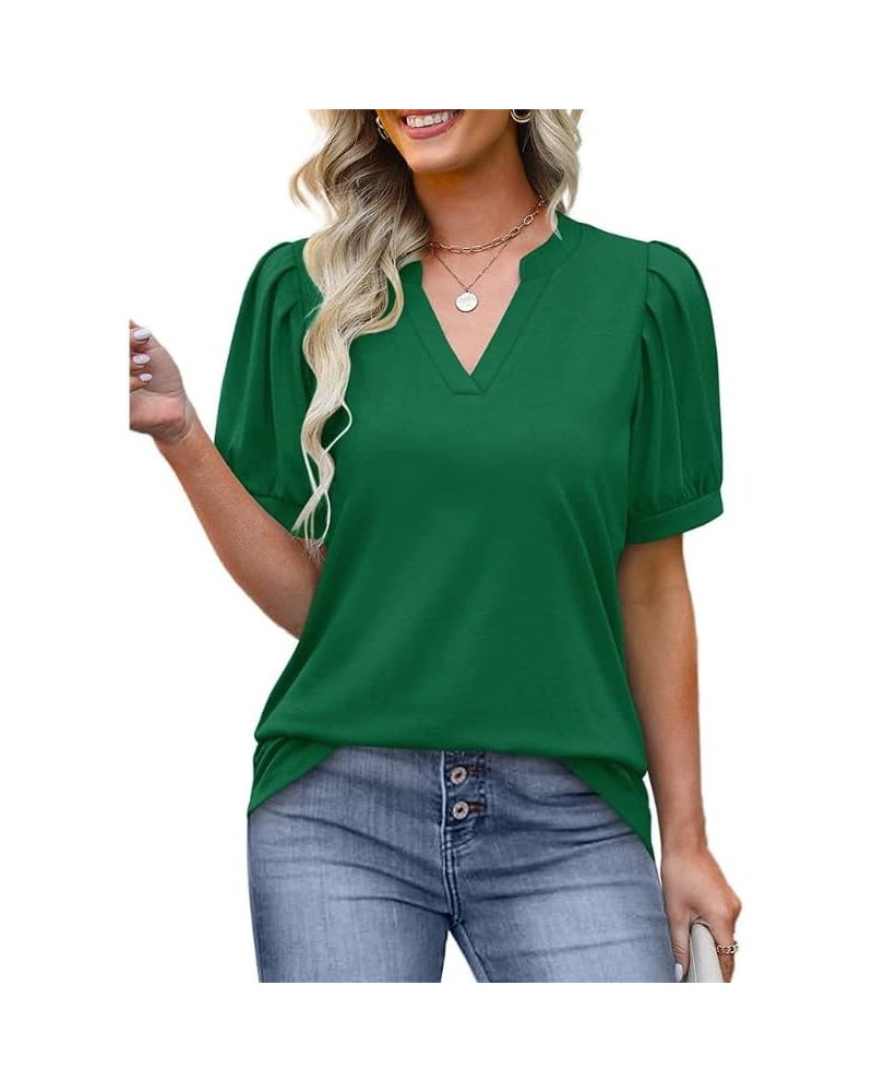 Summer Women's Pleated Puff Sleeve Tops Casual V Neck T Shirts Loose Blouses Dressy XX-Large Green $14.81 Tops