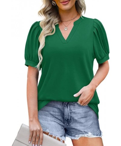 Summer Women's Pleated Puff Sleeve Tops Casual V Neck T Shirts Loose Blouses Dressy XX-Large Green $14.81 Tops