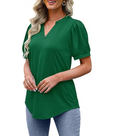 Summer Women's Pleated Puff Sleeve Tops Casual V Neck T Shirts Loose Blouses Dressy XX-Large Green $14.81 Tops