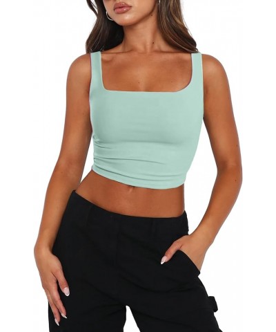 Women's Square Neck Sleeveless Crop Tops 2024 Cute Double Layer Seamless Slim Fit Y2k Tank Tops Mint Green $12.16 Others