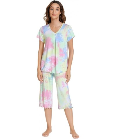 Pajamas for Women Short Sleeve Sleepwear Soft Capri Pants Pajama Sets Cool Pjs S-4XL Pg Tie-dye $21.19 Sleep & Lounge