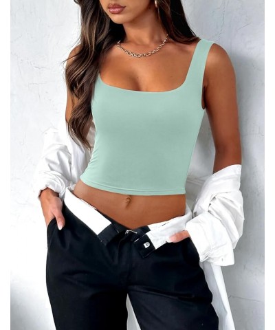 Women's Square Neck Sleeveless Crop Tops 2024 Cute Double Layer Seamless Slim Fit Y2k Tank Tops Mint Green $12.16 Others