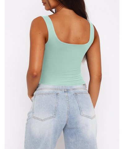 Women's Square Neck Sleeveless Crop Tops 2024 Cute Double Layer Seamless Slim Fit Y2k Tank Tops Mint Green $12.16 Others