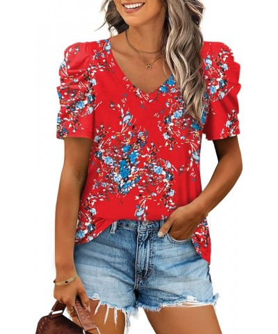 Womens Summer Tops V Neck T Shirts Casual Puff Short Sleeve Shirts Curved Hem Z01-red Floral $17.10 T-Shirts