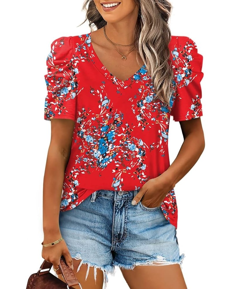 Womens Summer Tops V Neck T Shirts Casual Puff Short Sleeve Shirts Curved Hem Z01-red Floral $17.10 T-Shirts