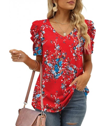 Womens Summer Tops V Neck T Shirts Casual Puff Short Sleeve Shirts Curved Hem Z01-red Floral $17.10 T-Shirts