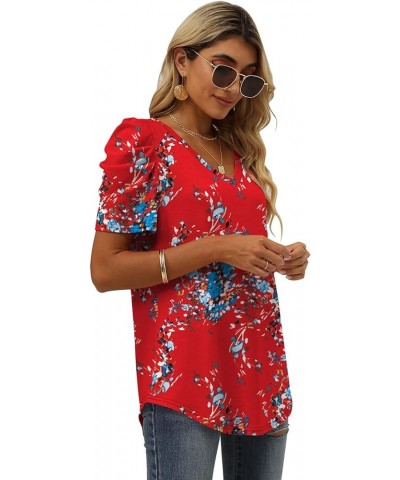 Womens Summer Tops V Neck T Shirts Casual Puff Short Sleeve Shirts Curved Hem Z01-red Floral $17.10 T-Shirts