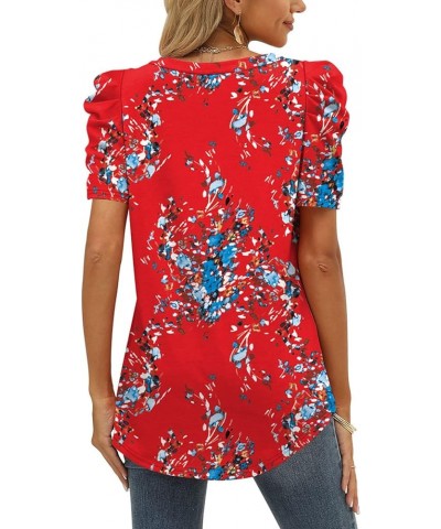 Womens Summer Tops V Neck T Shirts Casual Puff Short Sleeve Shirts Curved Hem Z01-red Floral $17.10 T-Shirts