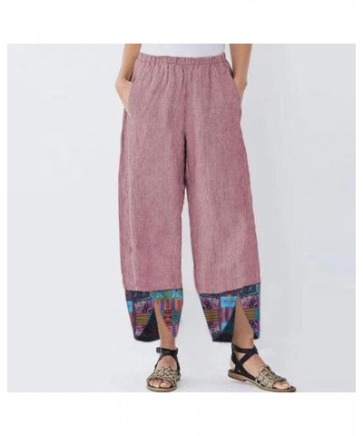 Casual Loose Cropped Pants for Women Cotton Linen Plus Size Elastic High Waist Pant Trousers with Pockets 06-pink $7.65 Pants